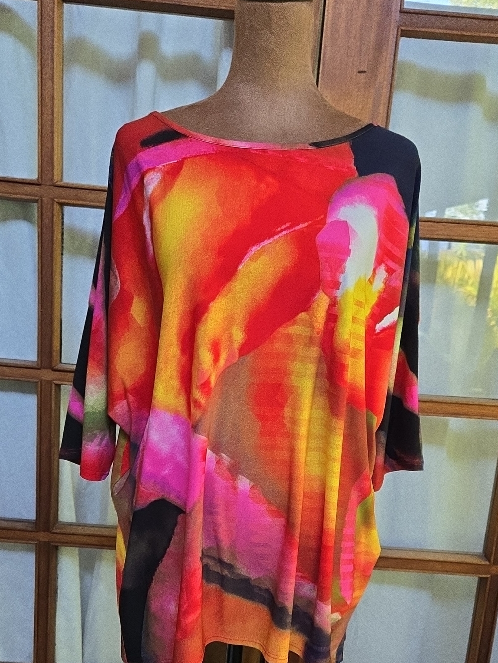 Vibrant Abstract Print Women's Top in Red, Orange, Yellow ,Black & Pink